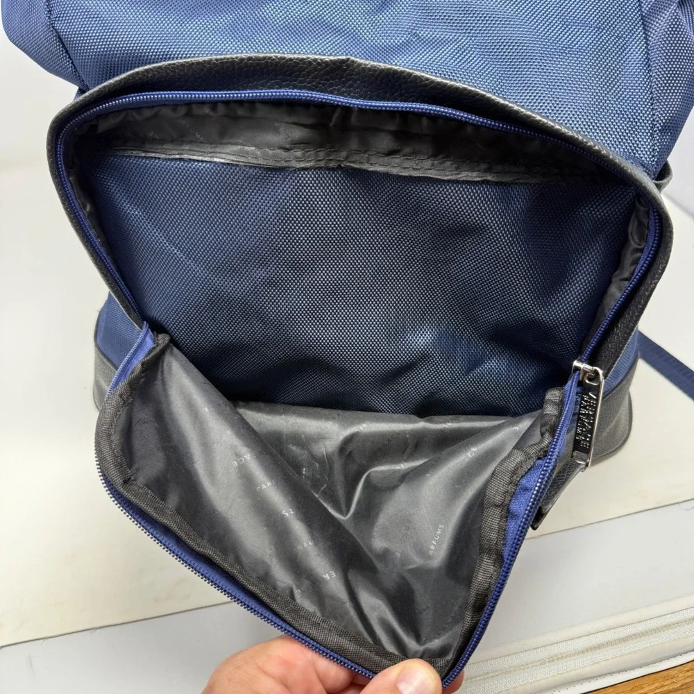 Versace Parfums Navy Blue Nylon Backpack Tote Bag Greca Straps Black Trim